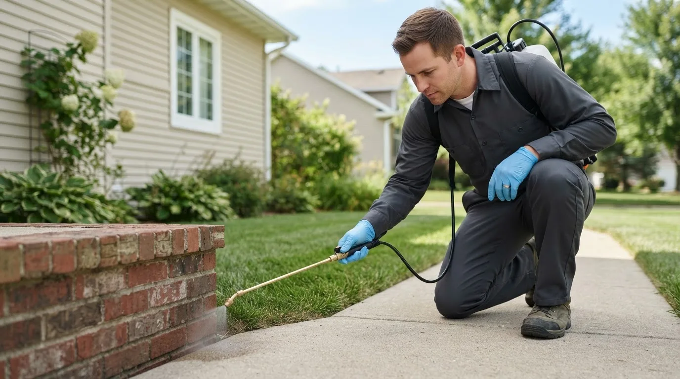Pest control technician treating a home near Ludlow, VT