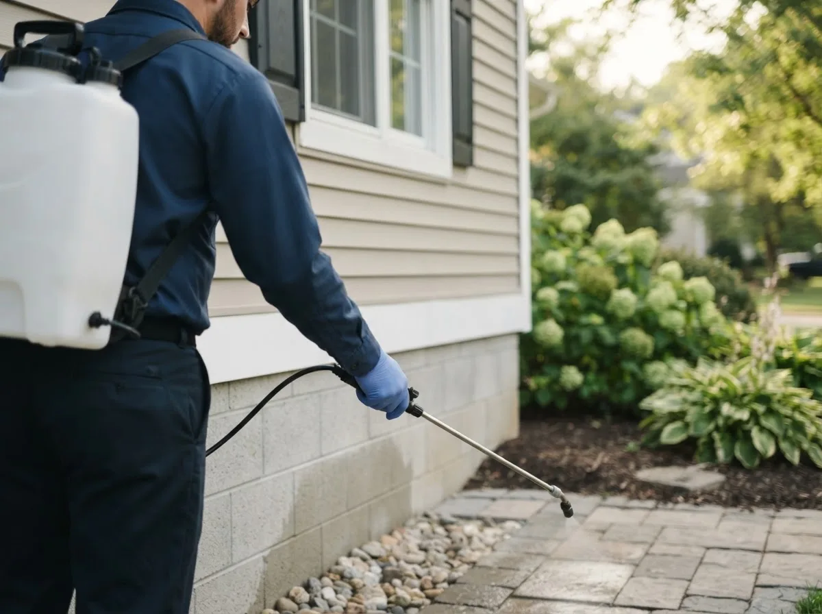 Pest control technician inspecting a home in Ludlow, VT